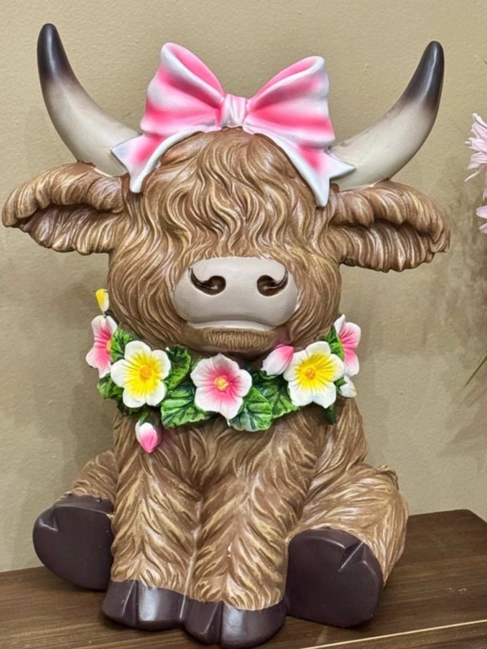 Adorable Brown Highland Cow Statue with Pink Bow and Floral Necklace - Picture 2 of 3